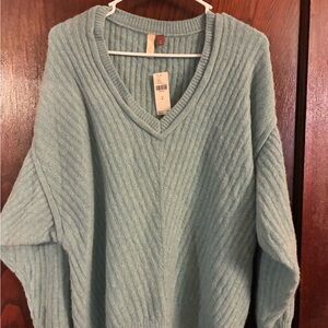 Anthropologie Blue V-Neck Sweater with Chunky Ribbed Knit